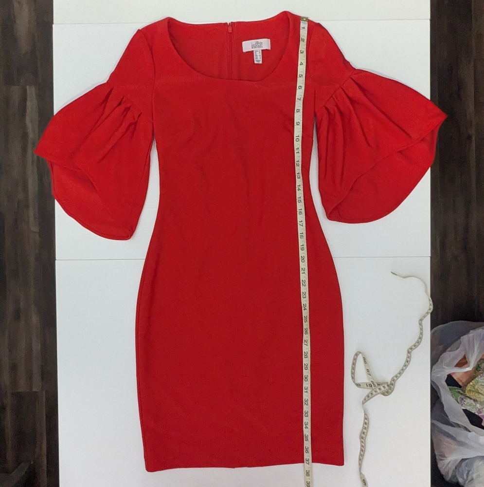 Badgley Mischka Red Knee Length Scuba Sheath Dress 3/4 Bell Sleeves Formal 0 - Picture 6 of 13